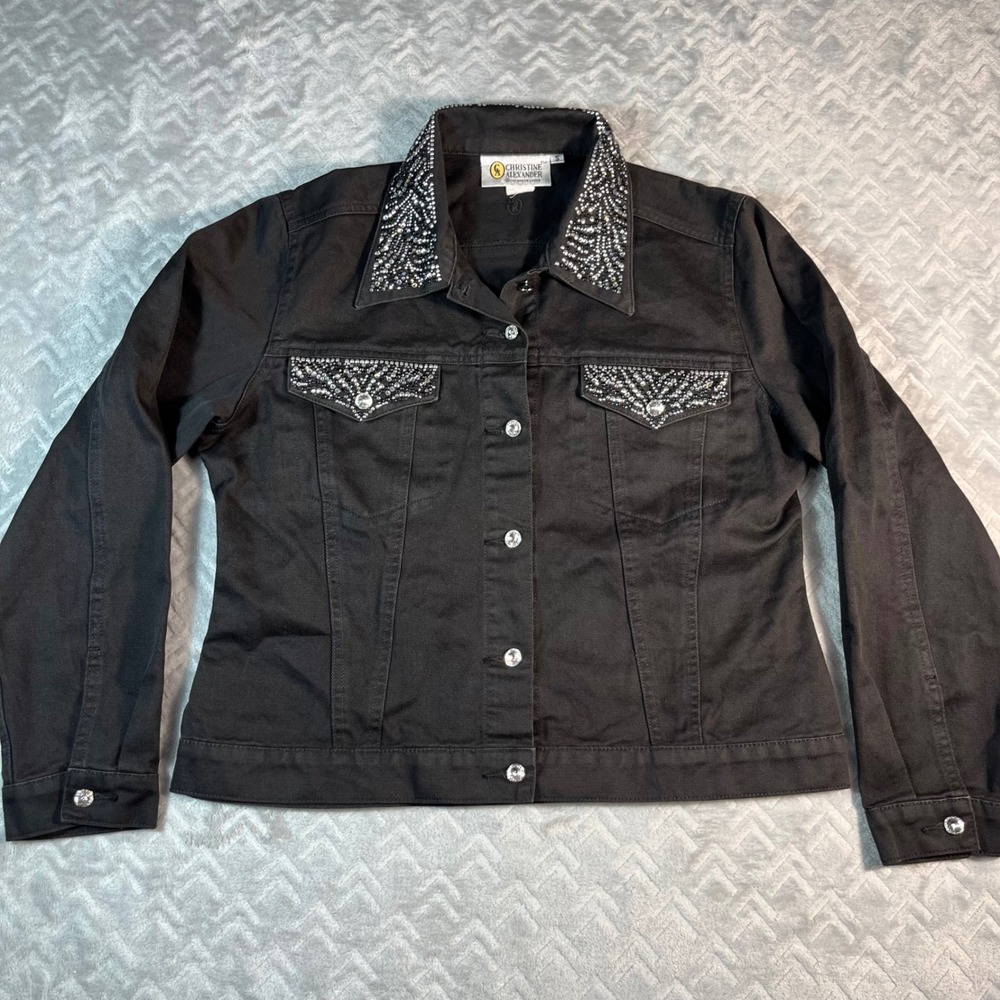 Christine Alexander Denim Jacket Women's Small Black Western Vintage Rhinestone‎